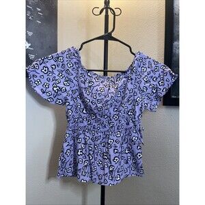 Free Assembly Girl's Off Shoulder Floral Puff Sleeve Top Smocked Waist Purple M